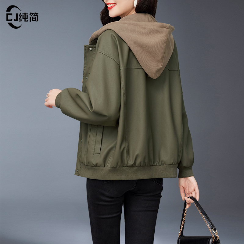 Casual Loose Short Leather Jacket for Women 2026 New Popular Spring and Autumn Fake Two-Piece Hooded Early Spring Pu Leather Jacket