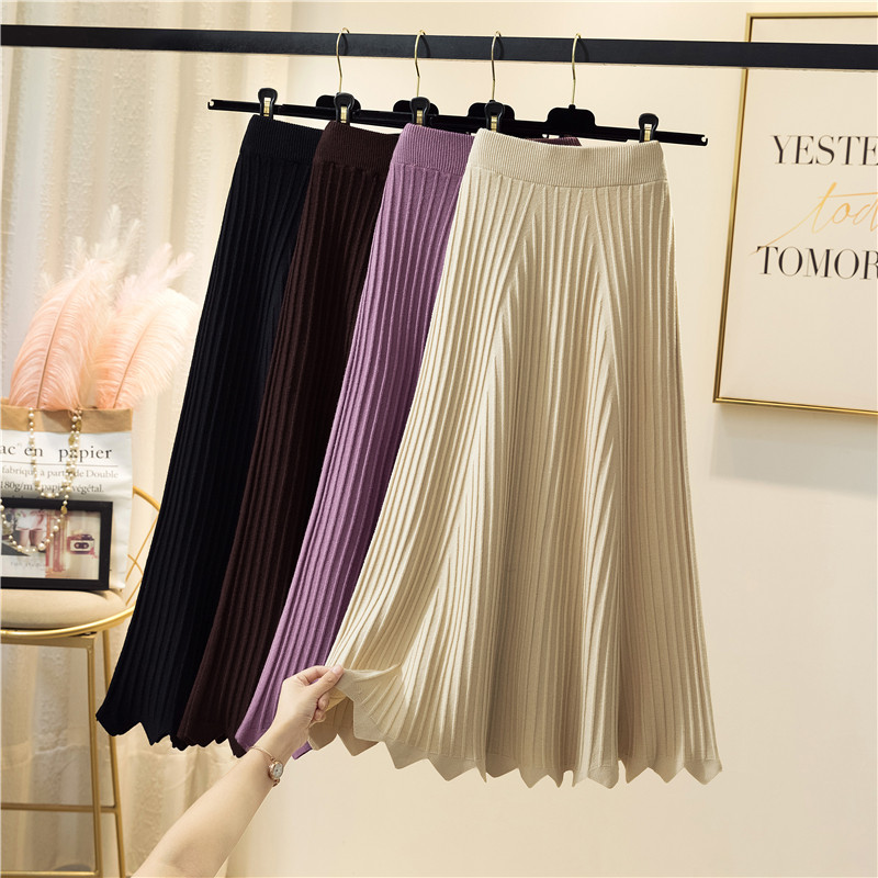 Knitted skirt female 2021 autumn and winter new high waist thin drape pleated skirt long skirt bag hip a-line skirt tide