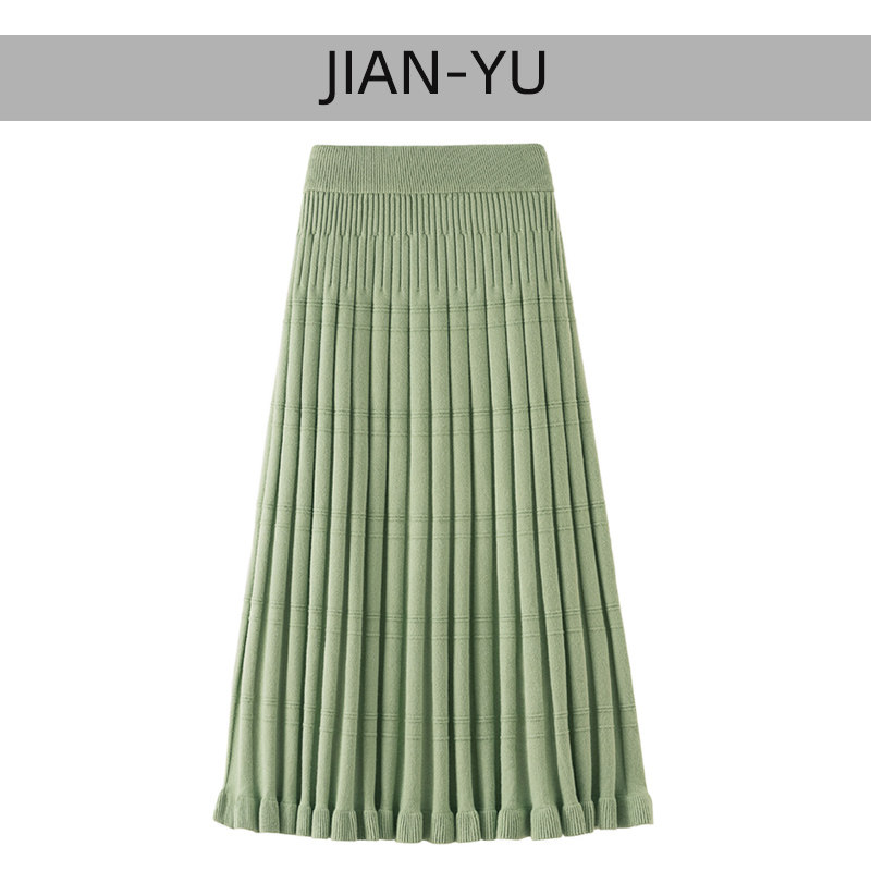 Knitted half-body dress woman 2022 autumn winter 100 hitch mid-length version 100 pleated bamboo knots with high waist and body tail wool dresses