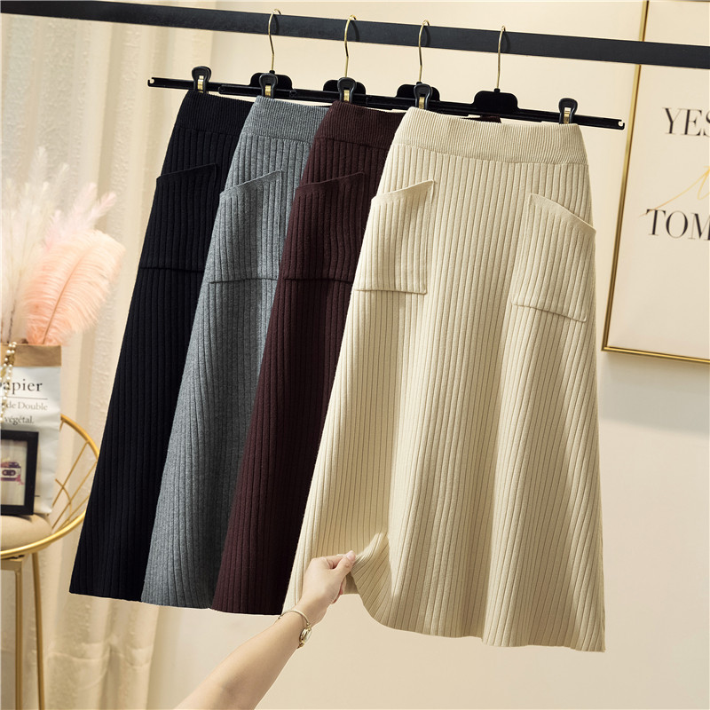 Casual high-waisted a-line skirt women loose pockets wild student solid color knitted cotton Fall-winter 2020-2020