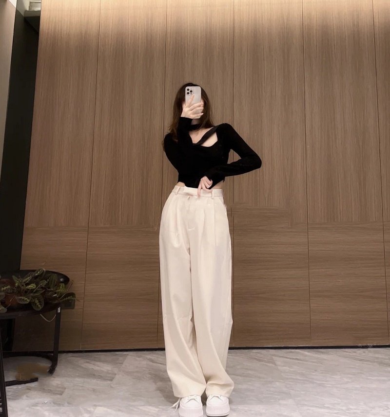 2021 spring new straight tube loose slim casual suit pants spring and autumn new high waist hanging feeling mop wide leg pants women