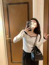 2022 Spring long short sleeve 2 version square collar long sleeve knit blouse Womens spring new foreign air white needle weaselwear