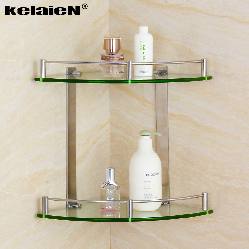 Thickened 304 stainless steel tripod bathroom two-layer glass corner frame corner basket powder room double-layer corner rack