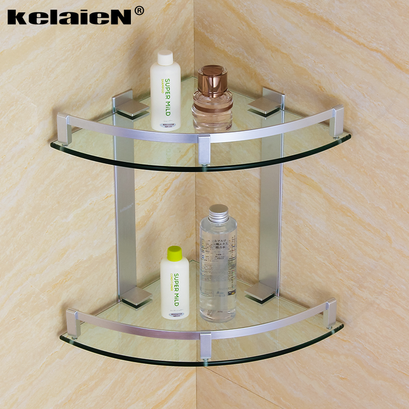 Space Aluminum Tripod Bathroom Two Floors Glass Corner Rack Bathroom Double corner basket Toilet Accommodating Shelf Thick-Taobao