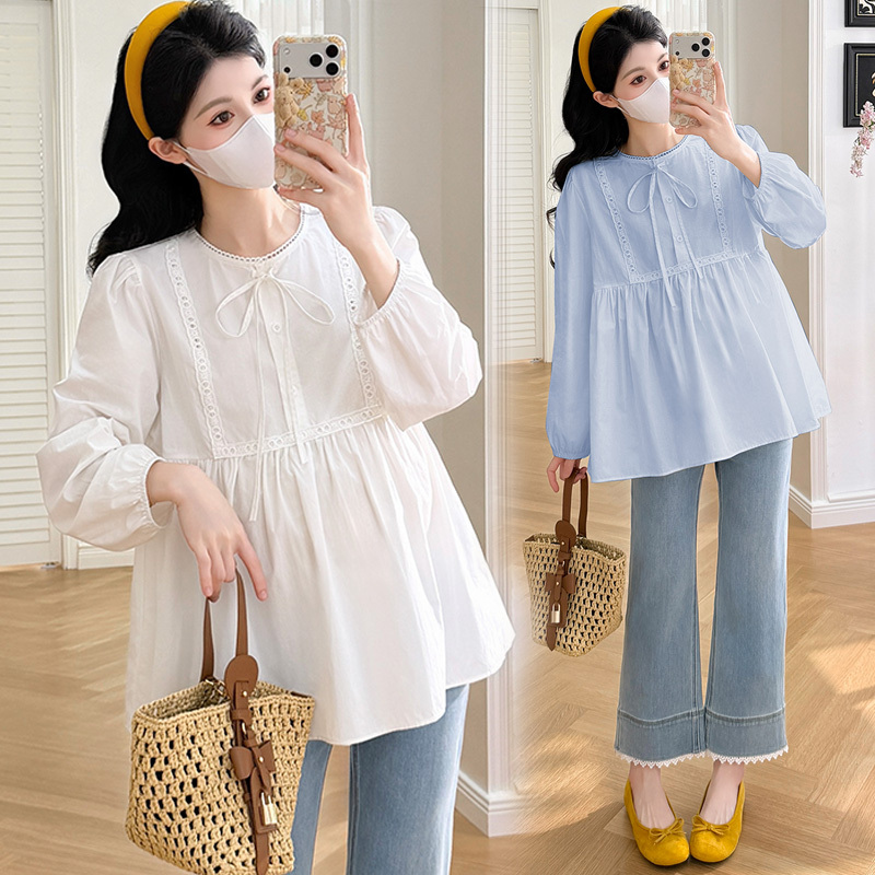 Spring Maternity Tops, New Style Lace-Trimmed Korean-Style Sweet and Versatile Babydoll Shirts, Spring and Summer Loose-Fitting Belly-Covering Shirts