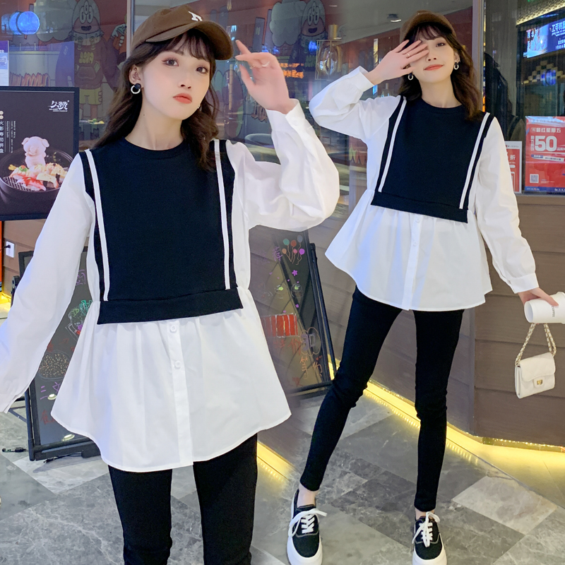 Maternity wear summer wear new casual stitching baby shirt long-sleeved top black belly support pencil pants two-piece tide