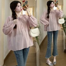 Maternity wear spring fashion chiffon versatile round neck lace-up long-sleeved tops loose chiffon shirts for pregnant mothers during pregnancy