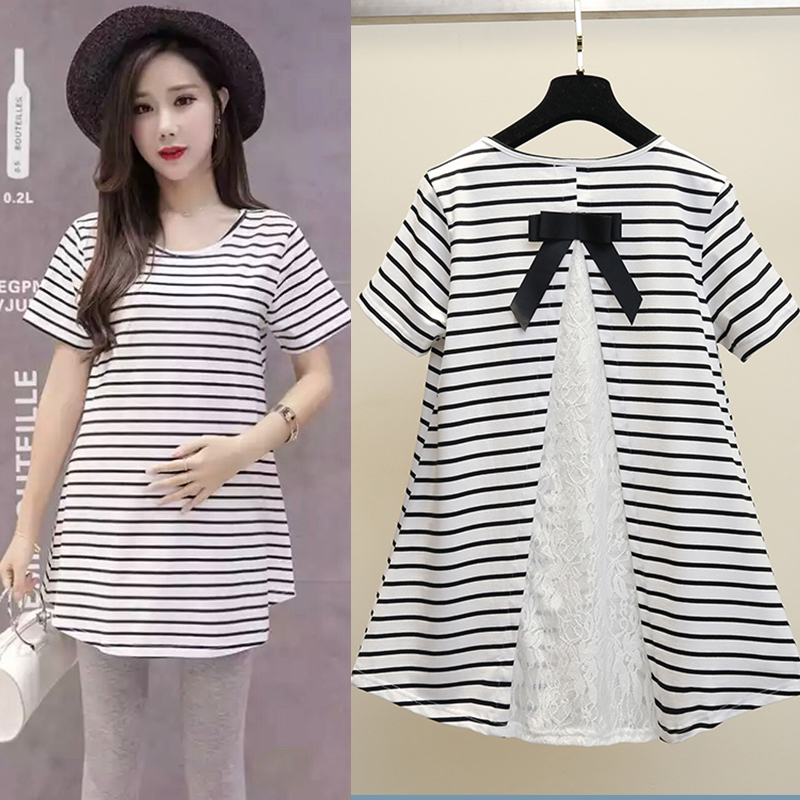 Pregnancy Woman Dress Fashion T-shirt 2022 Summer New Pure Cotton Striped Splicing Medium Long Version Loose Large Size Blouse Spring Autumn