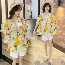 Pregnancy Maternity Dress Summer Suit 2022 New Fashion Printed Short Sleeve Doll Blouse Shorts Outside Wearing two sets