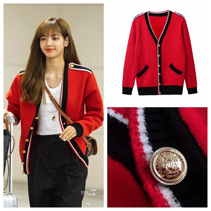 2021 autumn winter new Lisa stars the same knitted cardiovert lady temperament spelled side short red sweater jacket