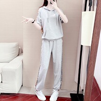  Tide brand fashion sports suit womens summer 2021 new large size salt casual clothes gray short-sleeved hooded two-piece suit