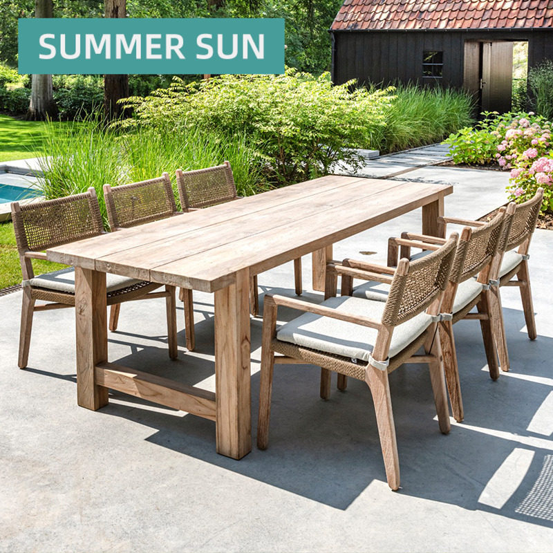 Nordic Outdoor Teak Wood Table And Chairs Patio Balcony Garden Hotel Villa Casual Table And Chairs Combined Solid Wood Rattan chair-Taobao