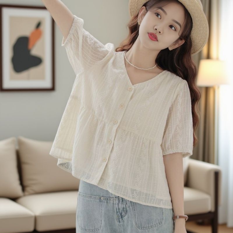 Fresh and Simple Korean-Style Jacquard Short-Sleeved Shirt for Women, New Summer Design, French-Style Top, Unique Babydoll Shirt Fresh and Simple Korean-Style Jacquard Short-Sleeved Shirt for Women, New Summer Design, French-Style Top, Unique Babydoll Shirt