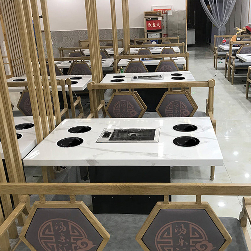 Marble hot pot table Smoke-free roast shabu-shabu induction cooker one-piece self-service barbecue barbecue table Commercial hot pot shop table and chair