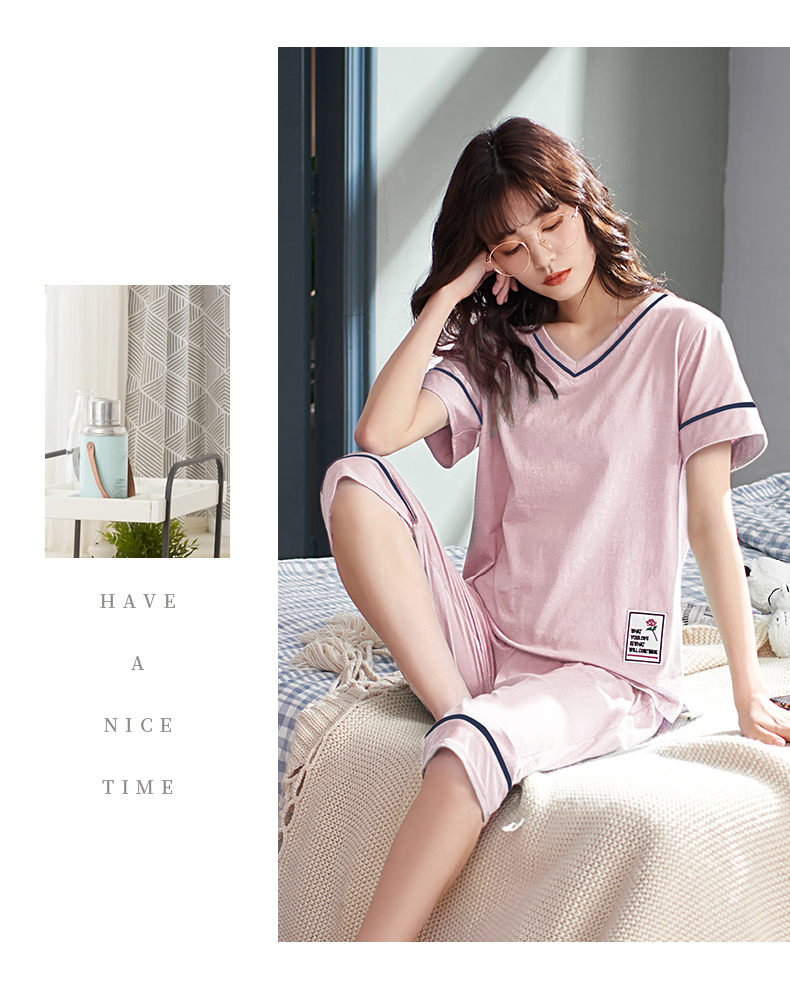 2021 Bộ đồ ngủ mới Phụ nữ mùa hè Cotton mỏng tay ngắn Seven Quần Casual Net Red Explosion Home Service Suit kiểu đồ bộ thun