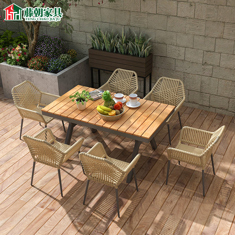 Rattan outdoor patio garden telescopic table and chairs combination original wood grain color terrace outdoor casual aluminum alloy imitation rattan chair-Taobao