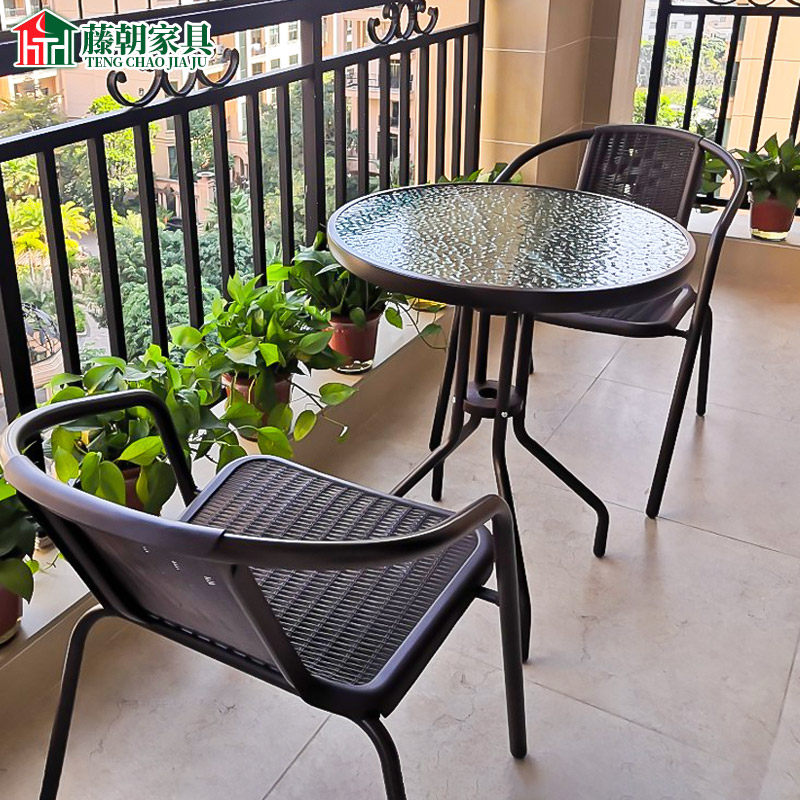 Balcony small table and chair Outdoor courtyard terrace Leisure small coffee table Wrought iron small round table and chair combination rattan chair three-piece set
