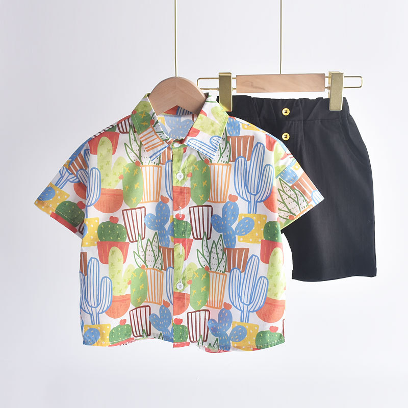 Summer Thin Clothing with Cactus Design! Children's Floral Short-Sleeve Shirt for Boys, Summer 2025 New Style, Trendy for Toddlers and Kids