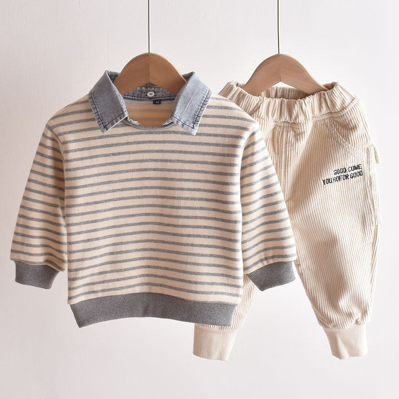 Children's sweater plus velvet autumn and winter new children's baby thick outer wear striped boys long-sleeved cotton top foreign style