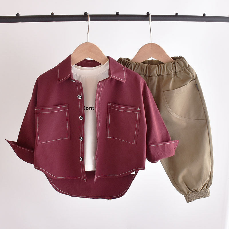 Boy shirt 2021 new spring loaded denim wine red infant jacket children's spring and autumn shirt tide fairyboy blouses