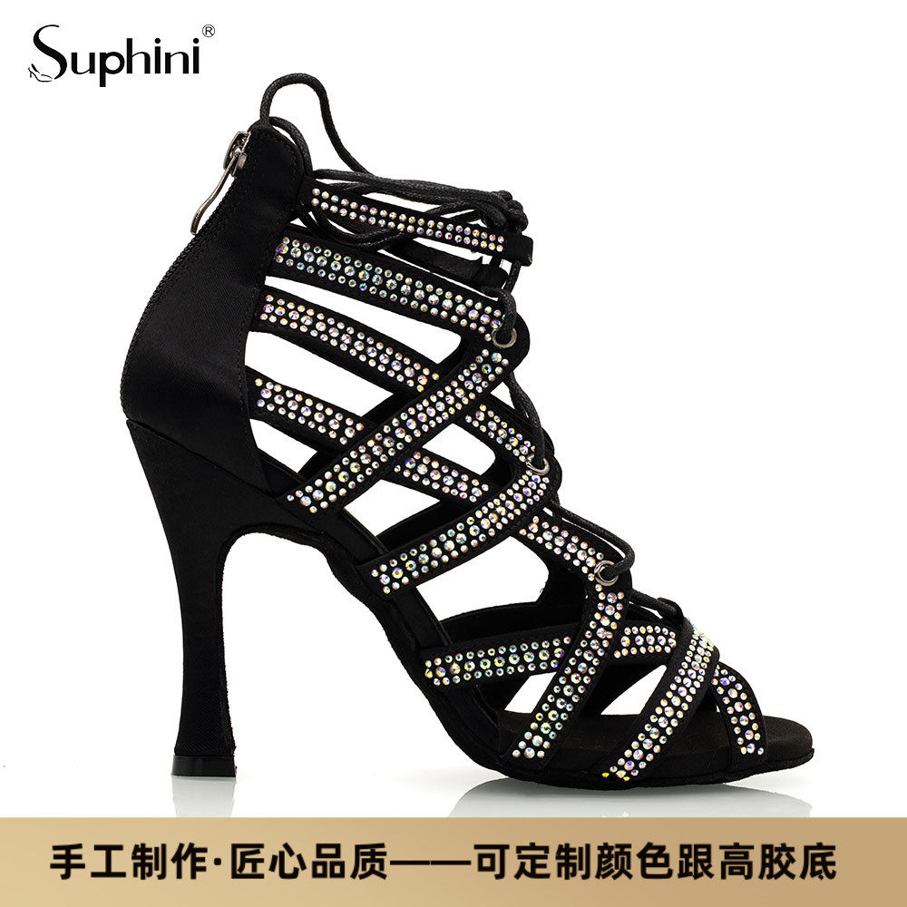 Suphini Boutique Custom Strap Black Satin Color Diamonds 10cm Women's Dance Boots Lenba Ballroom for Latin dance shoes