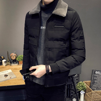 Winter lamb wool collar cotton coat mens slim short cold proof down cotton clothes handsome casual cotton jacket trend coat