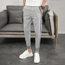 Summer thin gray slacks mens nine-point slim pants embroidery stitching mens tie pants trend versatile