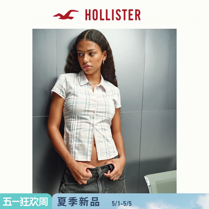 【Hollister X Kappa】Lace Plaid Short-Sleeved Shirt 26 Summer New Women's Clothing 340-6203