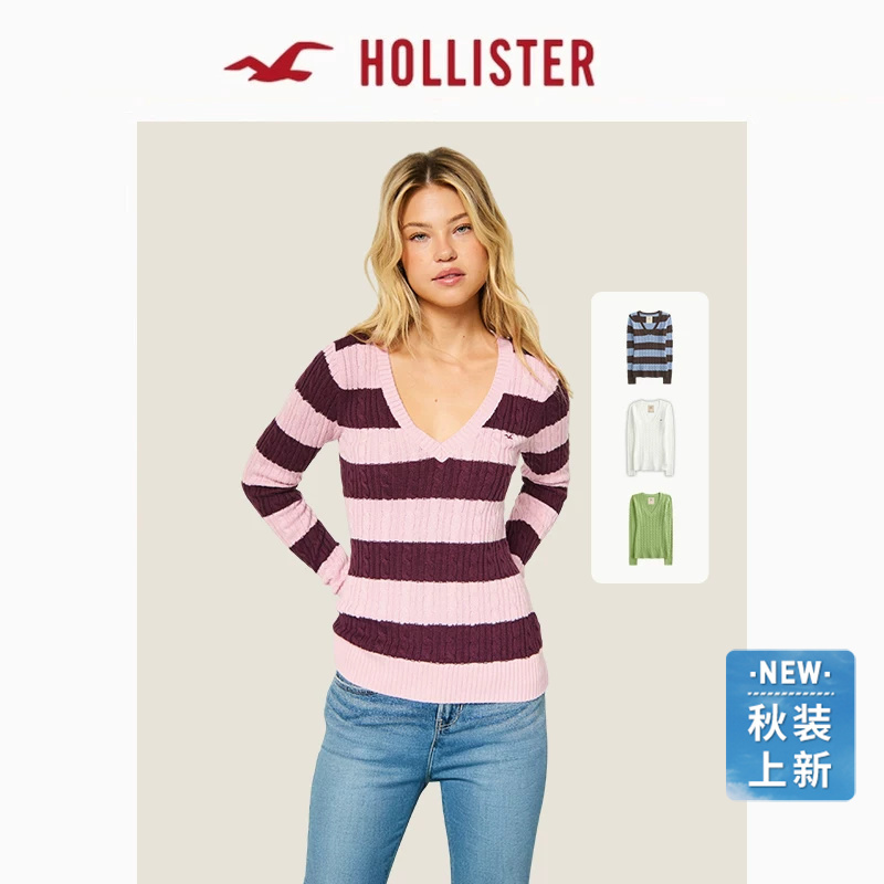 Hollister Small Seagull Pattern Twist Slim Fit V-Neck Knitted Sweater 26 Autumn New Women's Clothing 350-6216