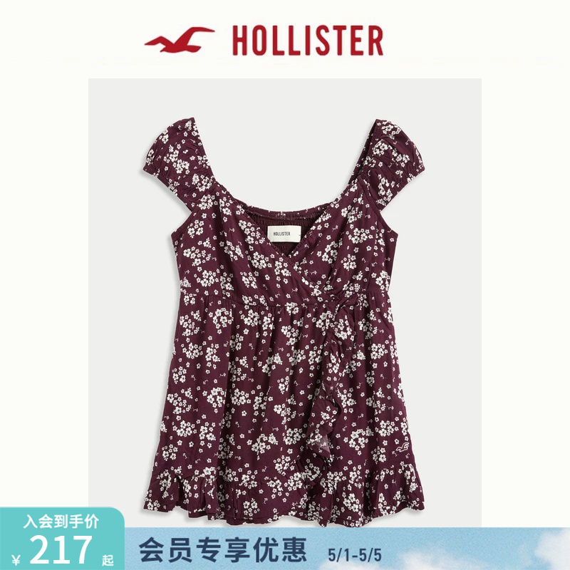 Hollister Little Seagull Pattern American Sweet V-Neck Puff Sleeve Shirt 26 Spring and Summer Women's Clothing 340-6045