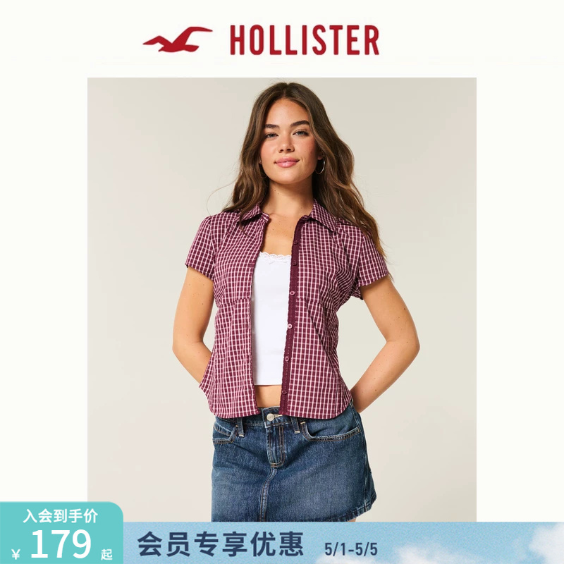 Hollister25 Autumn Y2K Plaid Slim Waist Short Sleeve Shirt Women's Clothing 340-5446