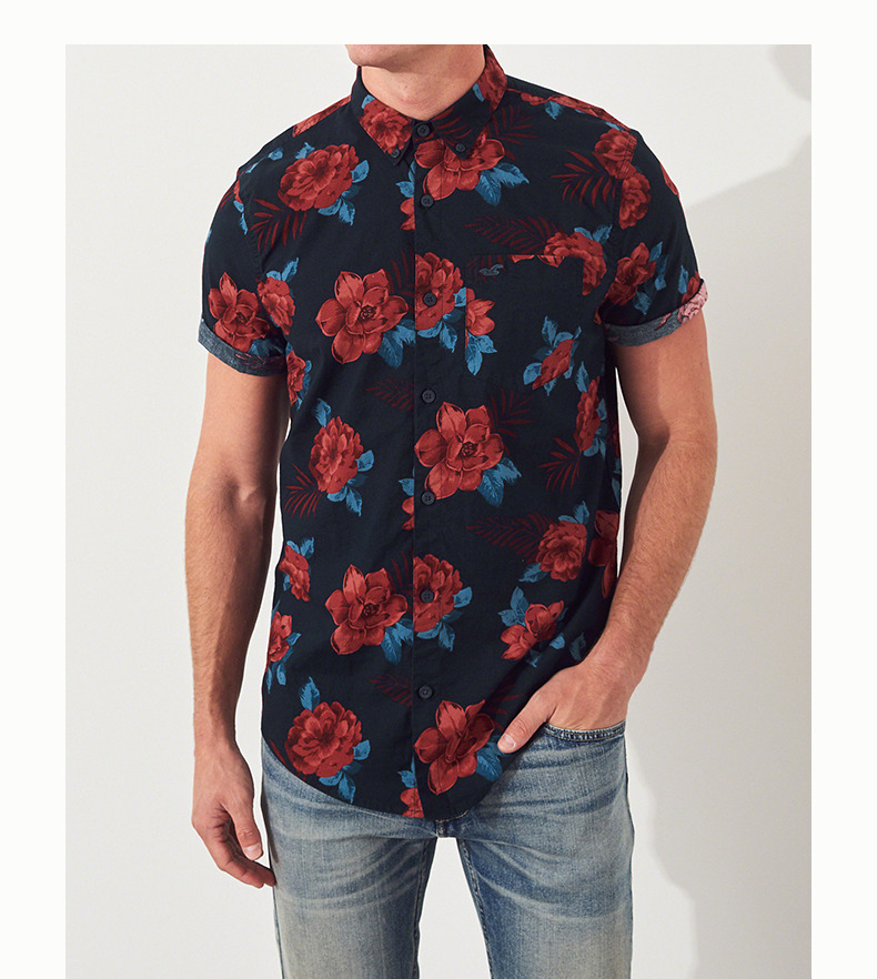 Hollister mùa thu 2018 mới co giãn sơ mi ngắn tay poplin nam 218768-1 áo sơ mi họa tiết nam