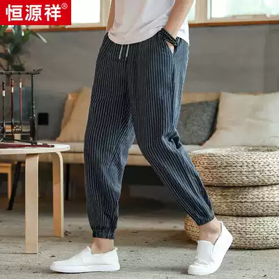 Hengyuan Xiang linen pants men's loose cotton linen ankle-length pants thin Chinese style retro casual pants lace-up pipe pants tide