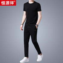 Hengyuan Xiang Summer Thin mens two sets of mulberry silk short sleeve trend paired with handsome and casual sports suit man