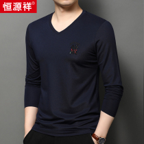 Hengyuan Xiang mens fall mulberry silk long sleeve V neckline undershirt new upscale pure color T-shirt business middle-aged blouse