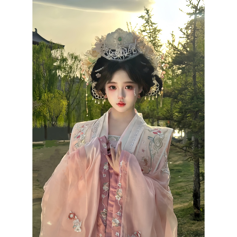 Song Dynasty-Style Hanfu Hairpin Photography Outfit, Original Parent-Child Design, Heavily Embroidered, Ethereal Chinese Style, Waist-Length Ancient Costume with a Cape