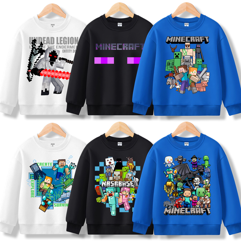 Minecraft Game Fleece-Lined Long-Sleeve T-Shirt for Boys, Autumn and Winter Pure Cotton Top, Children's Mc Pattern Sweatshirt