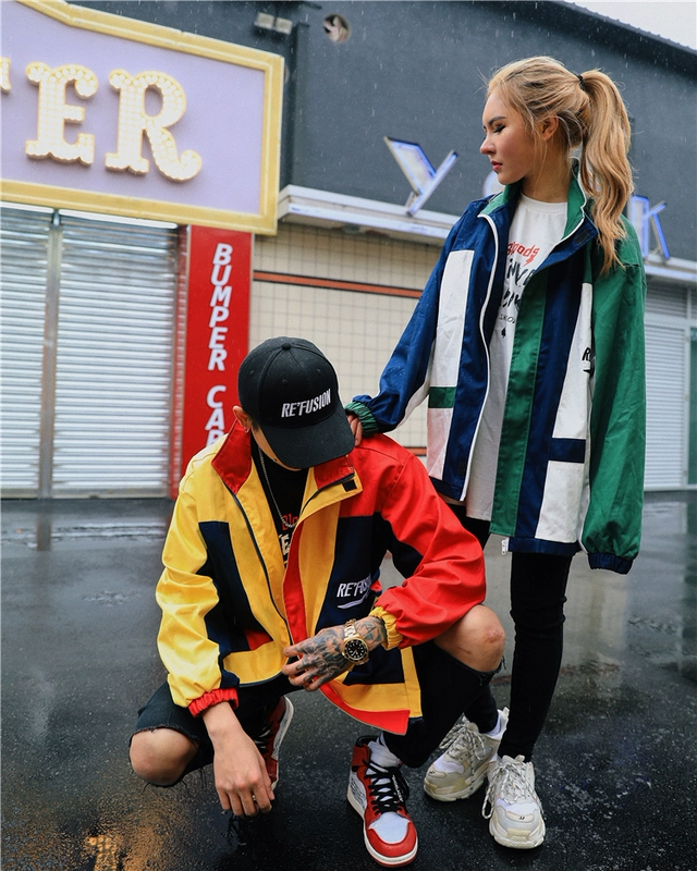 Mỹ xu hướng đường phố hip hop loose khâu tương phản màu cổ áo áo gió nam giới và phụ nữ triều thương hiệu sinh viên vài áo khoác mỏng