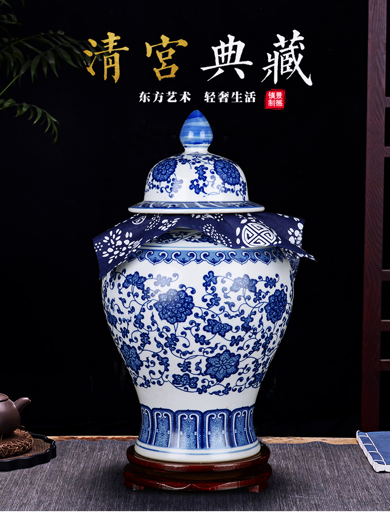 Blue and white porcelain of jingdezhen ceramics pu 'er tea jar of antique Chinese traditional medicine a large jar with cover sealing general furnishing articles