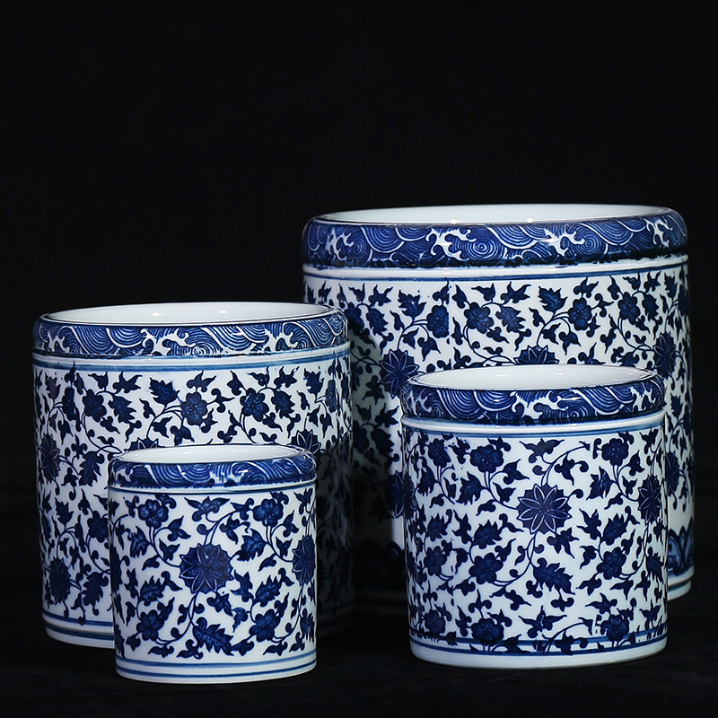 Jingdezhen blue and white porcelain ceramic vase bound branch lotus study classical household brush pot office handicraft furnishing articles