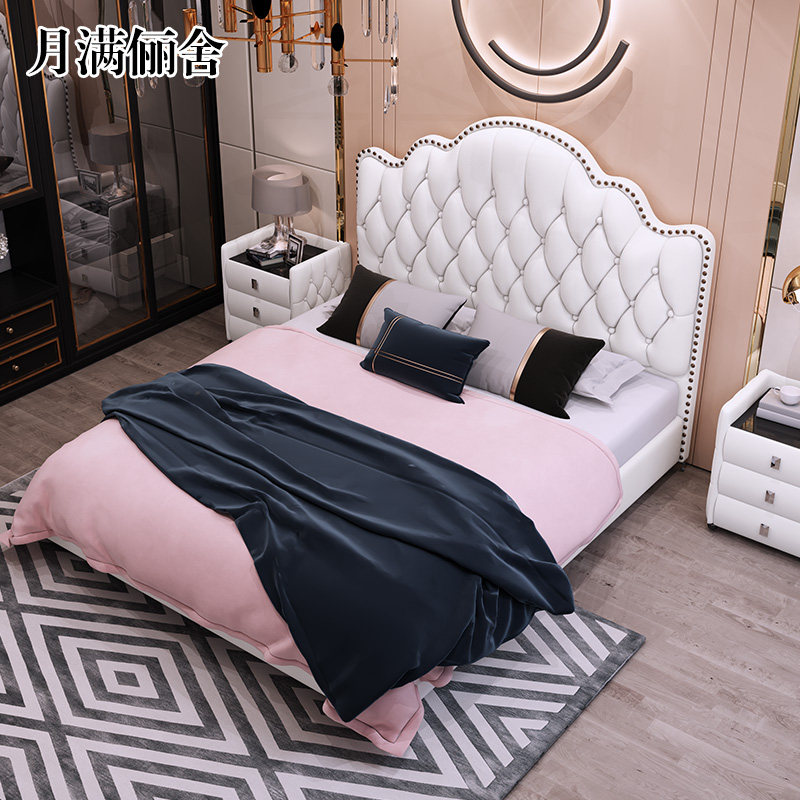 Small family soft bag genuine leather bed Nordic style modern minimalist light extravagant bed master bedroom with double bed atmosphere princess wedding bed