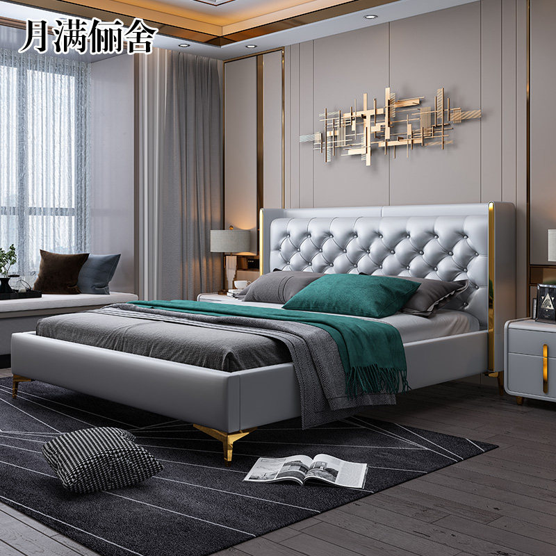Light and luxurious postmodern minimalist leather bed master bedroom with double bed bedroom furniture Nordic wedding bed Italian Princess Extreme Princess Bed