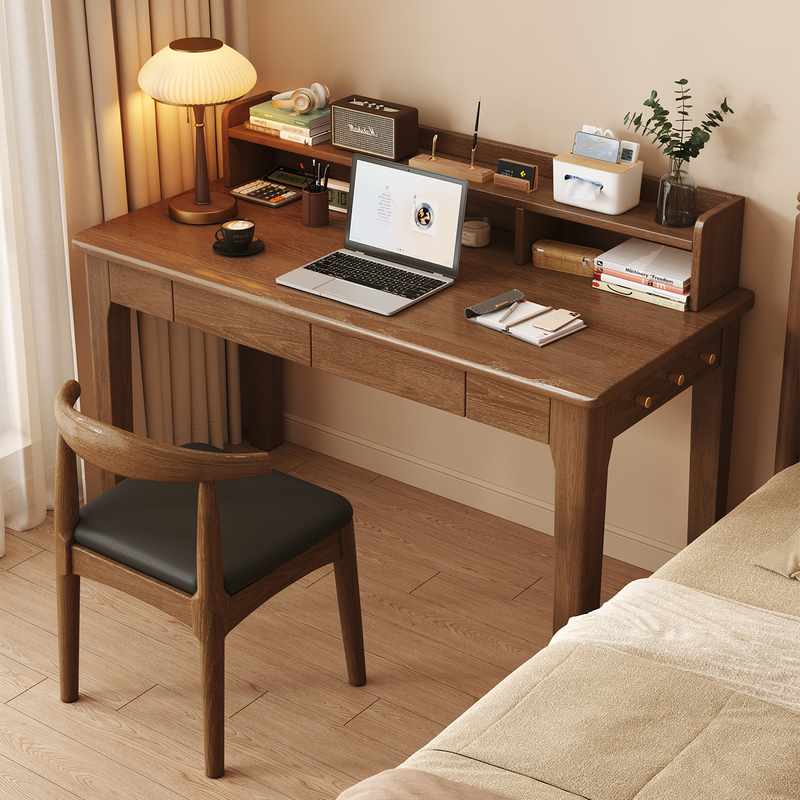 Solid Wood Desk and Bookshelf Integrated Table, Simple Study Table for Bedroom, Home Writing Desk for Middle School Students, Office Computer Desk
