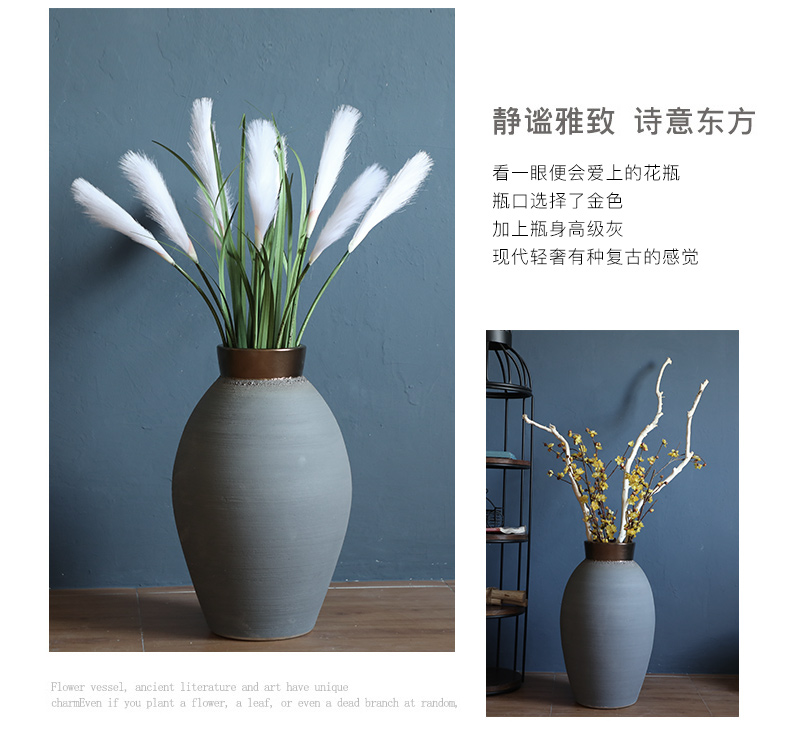 European gray dried flowers thick retro large French I and contracted clay ceramic vase furnishing articles sitting room flower arrangement