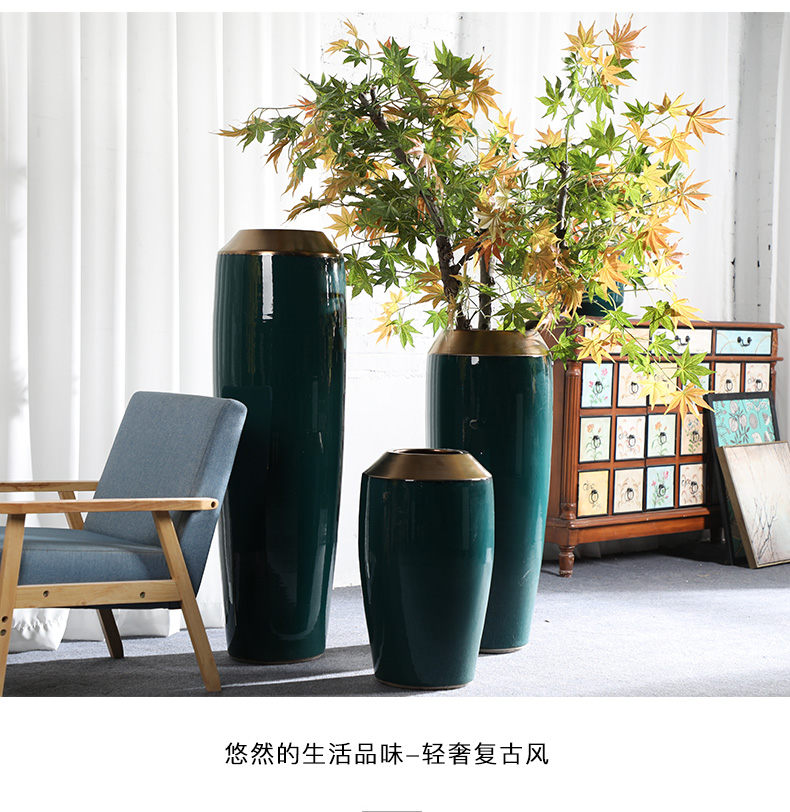 American light key-2 luxury new Chinese golden flower arranging large ceramic floor vase modern hotel home sitting room porch decoration