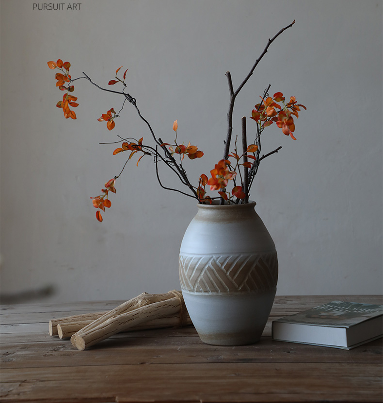 Literary retro manual coarse TaoHua device wabi-sabi clay earthenware dried flower vase hand made Japanese teahouse zen flowerpot