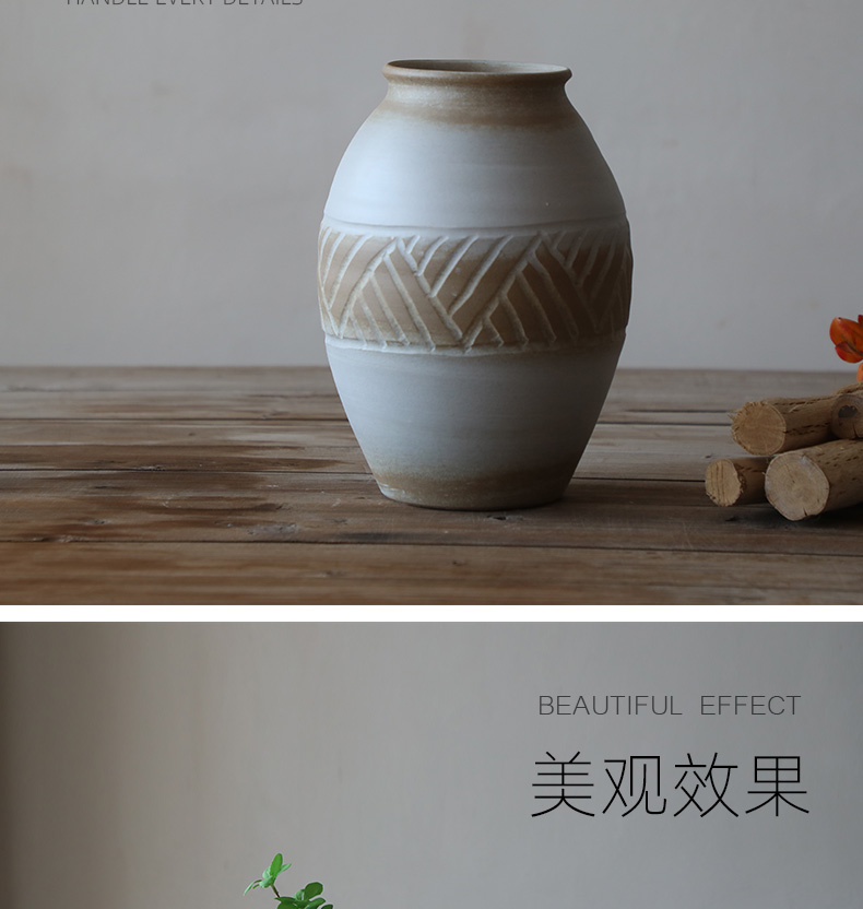Literary retro manual coarse TaoHua device wabi-sabi clay earthenware dried flower vase hand made Japanese teahouse zen flowerpot
