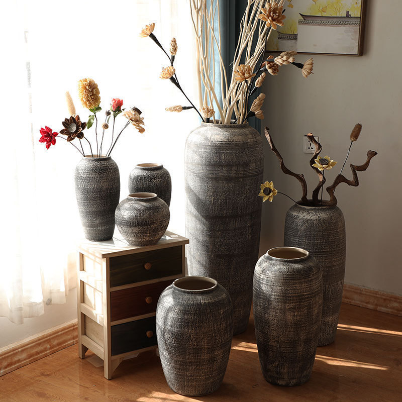 Jingdezhen Vintage-Style Floor Vase, Rustic Pottery Jar, Dry Flower Vessel, Earthenware, Distressed Large Flower Pot, Soft Style Jingdezhen Vintage-Style Floor Vase, Rustic Pottery Jar, Dry Flower Vessel, Earthenware, Distressed Large Flower Pot, Soft Style