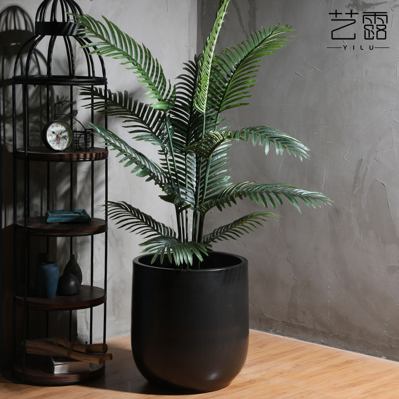 Nordic ceramic flower pot contracted creative floor living room decoration to the hotel green plant furnishing articles of large diameter cylinder black flower pot