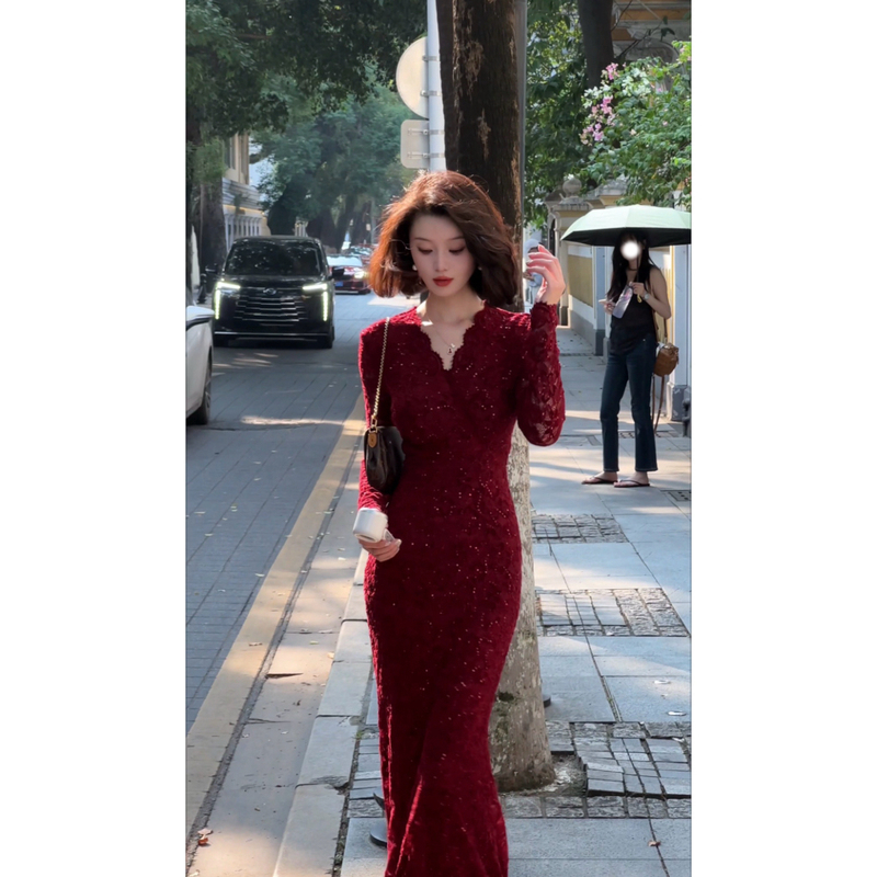 Cai Cai Jia【Hong Zhao Yuan】New Autumn/Winter Collection: Waist-Cinching Slim-Fit Retro Hong Kong Style Elegant Slimming Mermaid Dress
